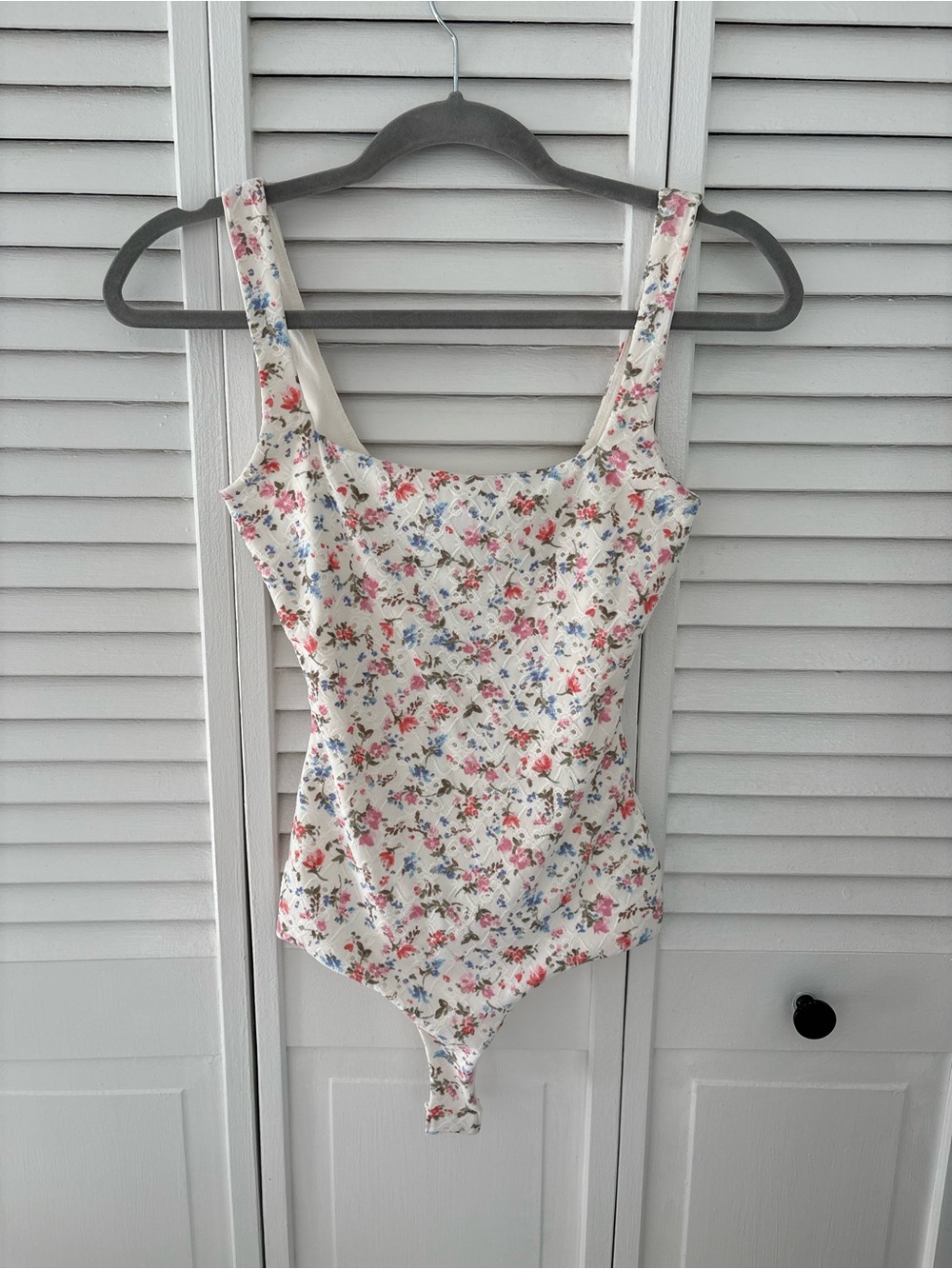 Windsor Ivory Floral Square Neck Bodysuit with Pink & Blue Blooms